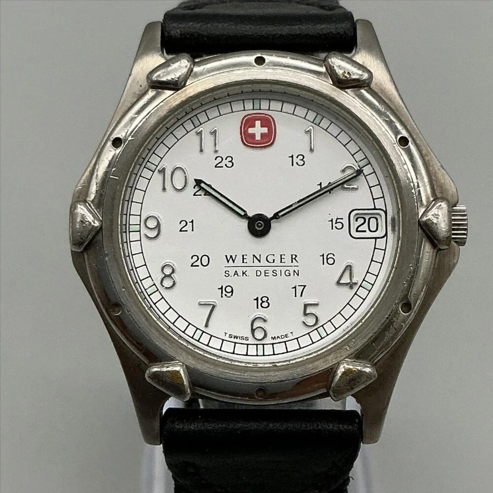 Wenger SAK Design Mens Watch 35mm Silver Tone Black Band Swiss New Battery